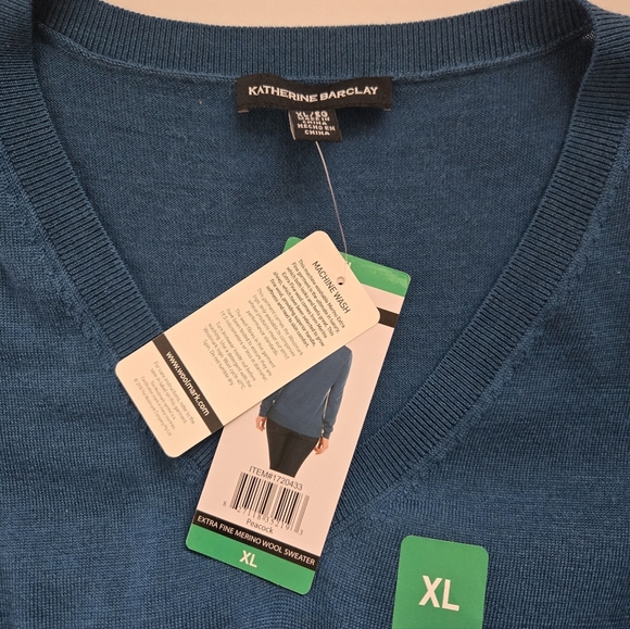 NWT, KATHERINE BARCLAY Women's Blue V-Neck Merino Wool Sweater.Size XL - Picture 7 of 11